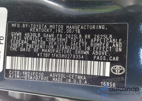 2017 Toyota Camry Le from USA, damaged, VIN 4T1BF1FK5HU279354